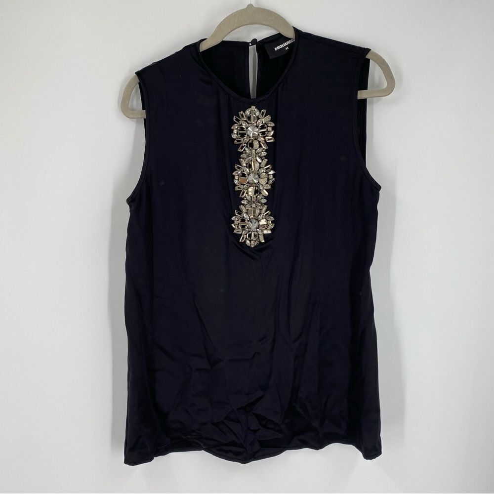 Dsquared2 Women’s High Neck Bead Front Sleeveless Black Silk Blouse size 44